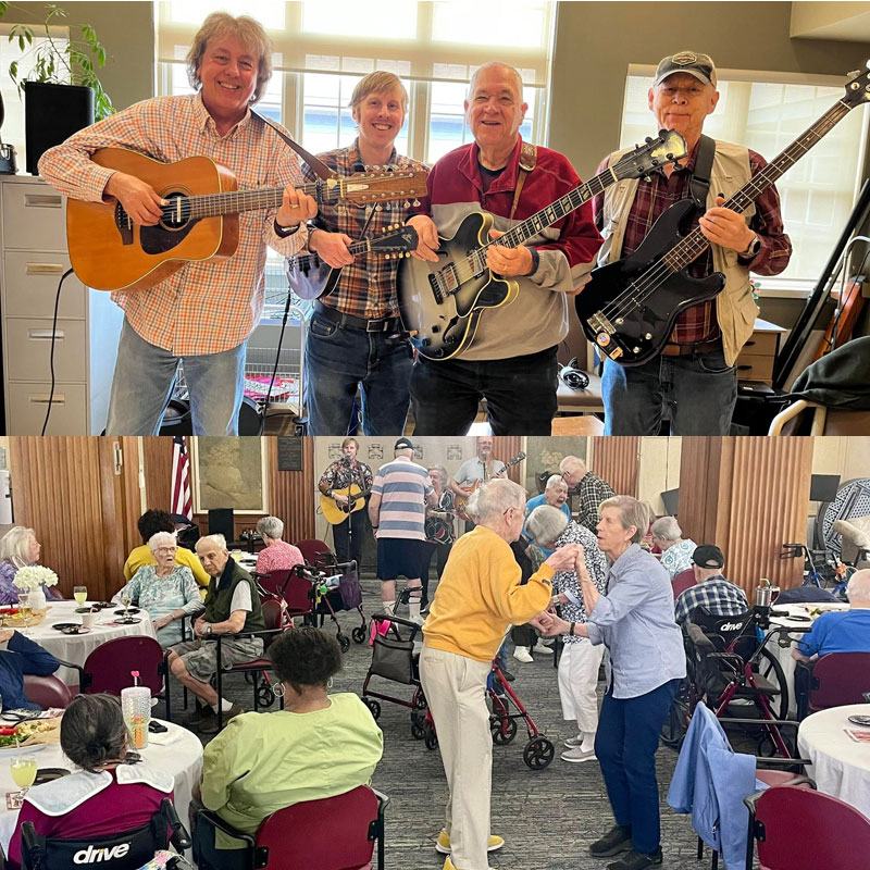 Musicians perform at a retirement home in front of an audience
